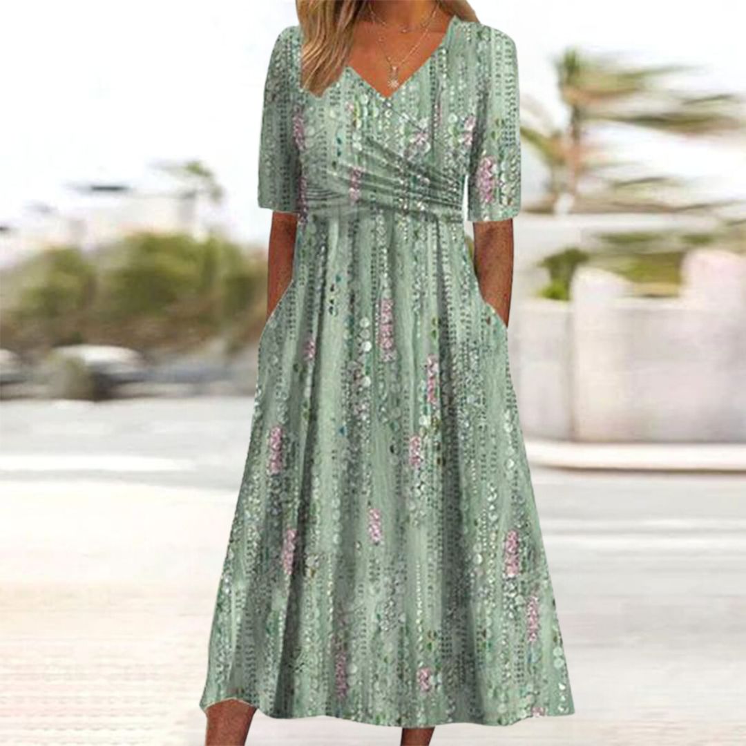 Verda™ Green Plant Print Side Pocket Midi Dress