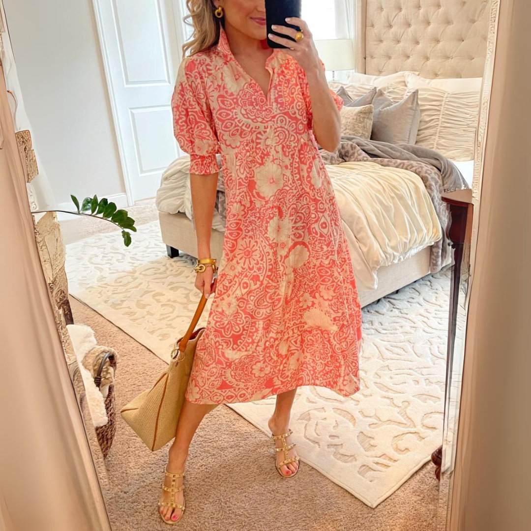 Sarah - Floral Mix Midi Coral Dress