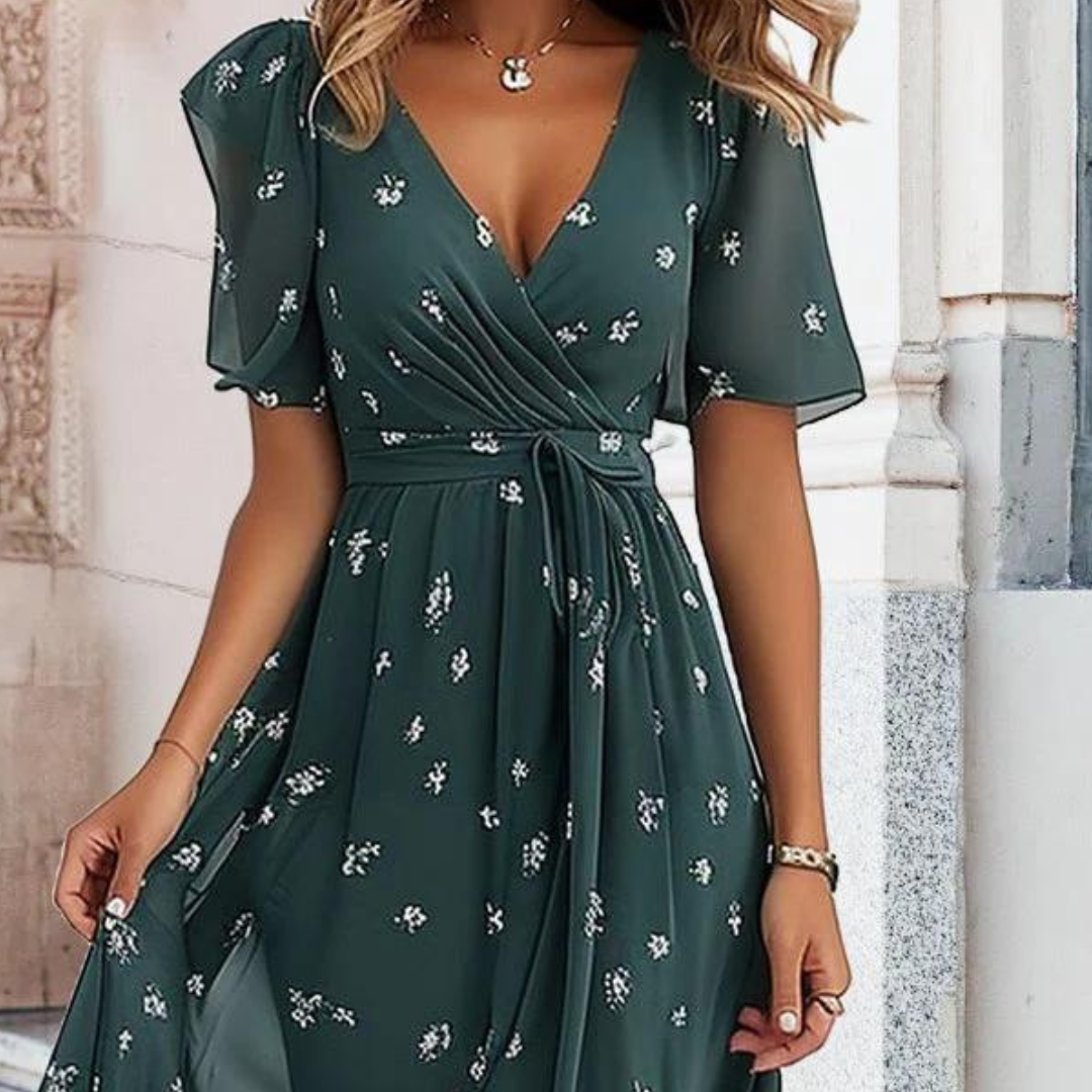 Saphine - Flowy V-neck Chiffon Dress with Bow Belt