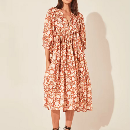 Sarah - Floral Mix Midi Coral Dress