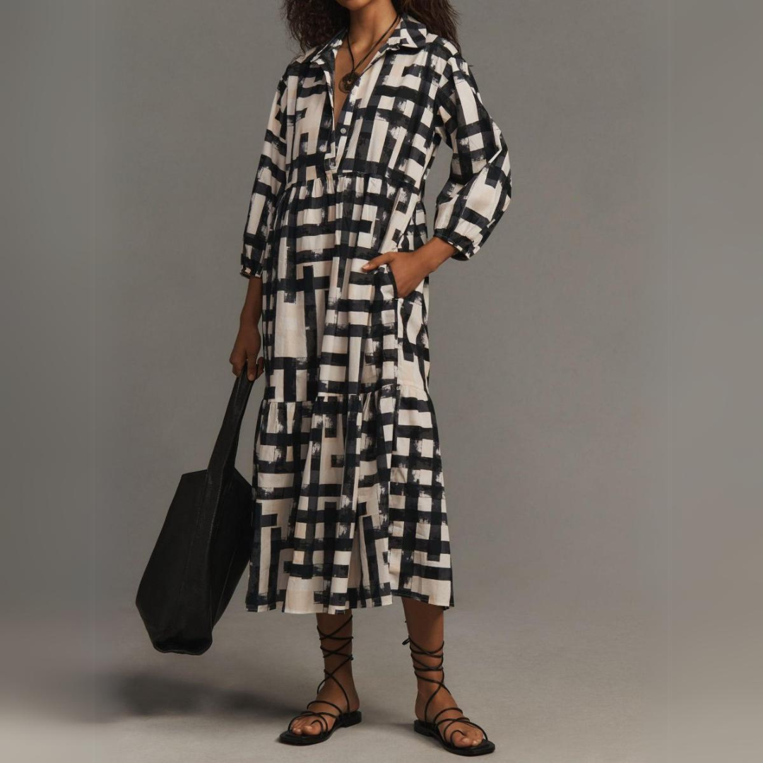 Vivian - Black&White Tiered Shirt Dress