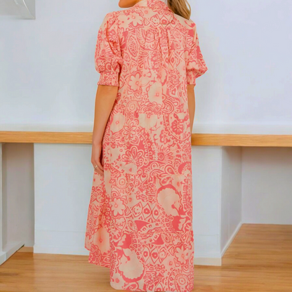 Sarah - Floral Mix Midi Coral Dress