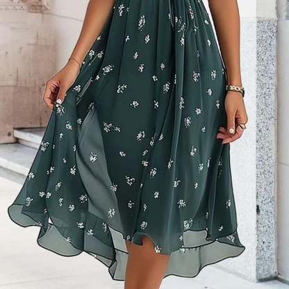 Saphine - Flowy V-neck Chiffon Dress with Bow Belt