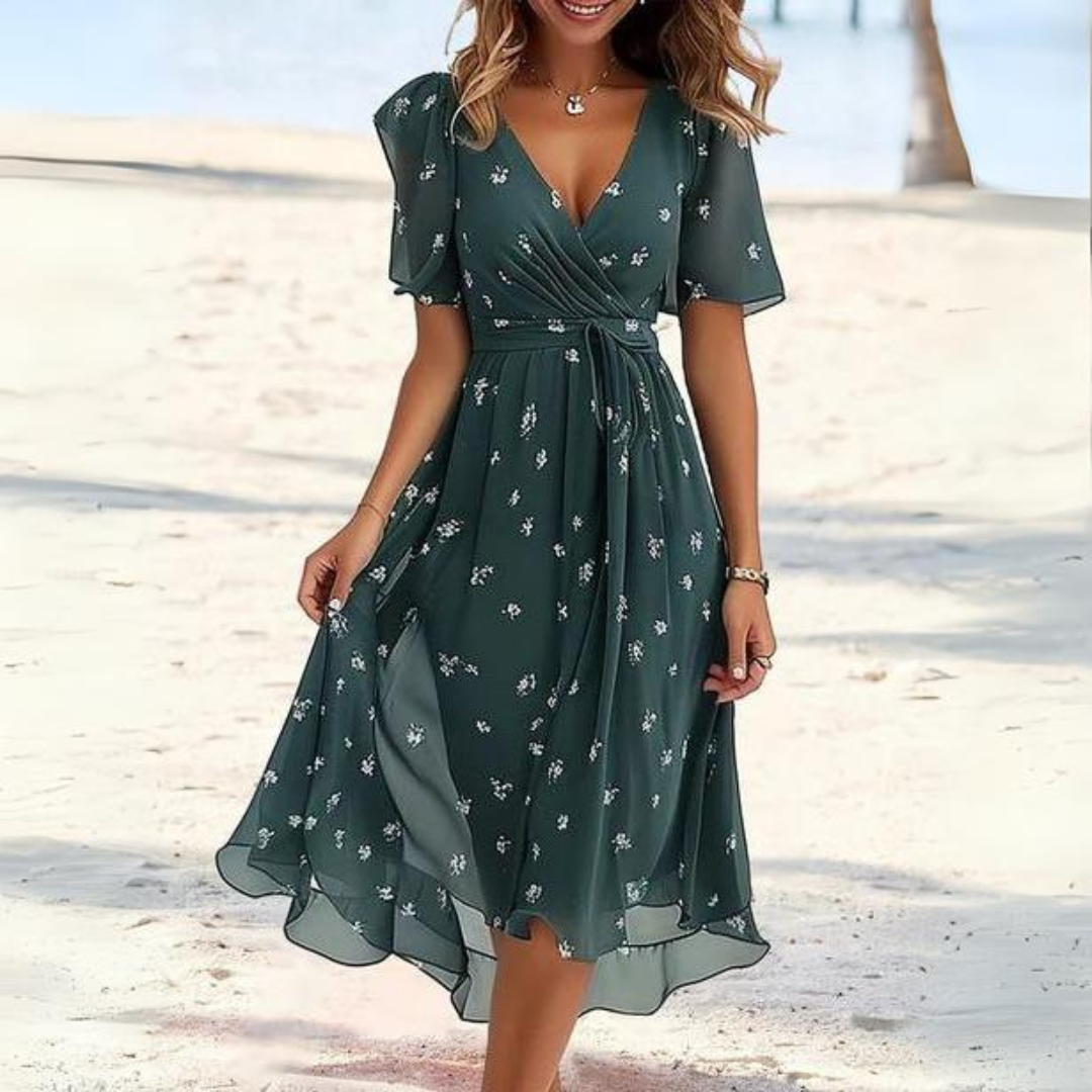 Saphine - Flowy V-neck Chiffon Dress with Bow Belt