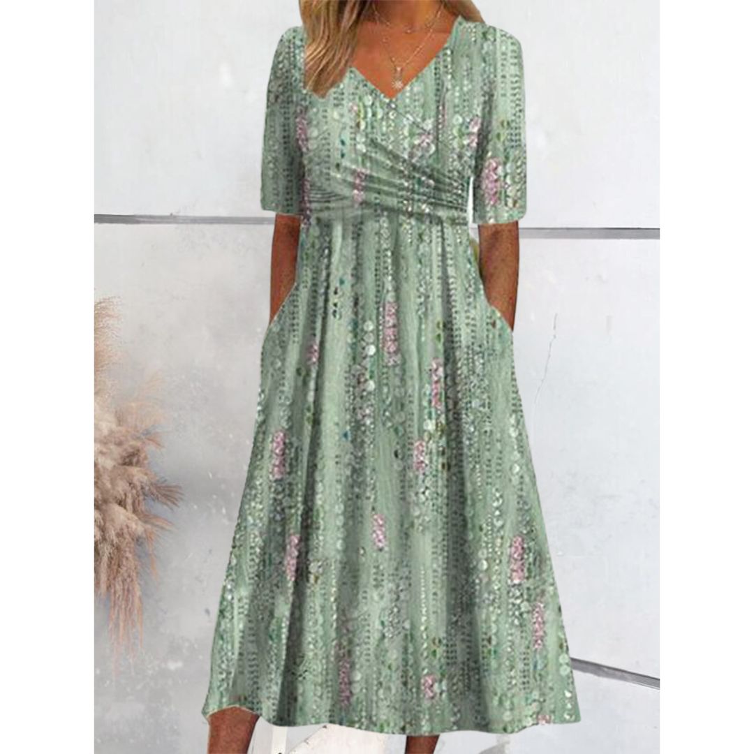 Verda™ Green Plant Print Side Pocket Midi Dress