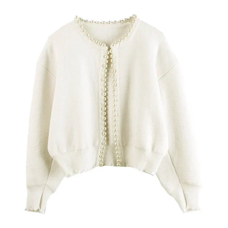 Elouise - Pearl Trim Ripped Hem Cardigan